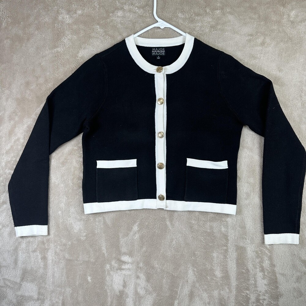 Major Cardigan Sweater Womens Small Black White Trim Knit Button Front Pockets